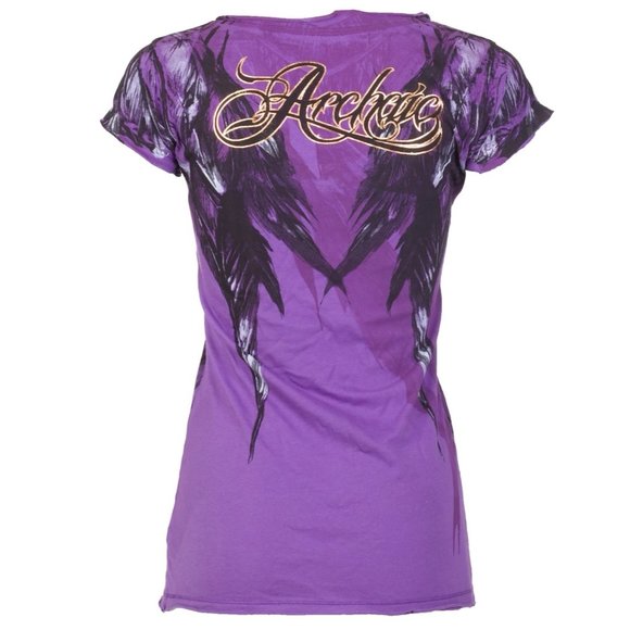 Archaic AFFLICTION Women's T-Shirt SECOND LOVE Feathers PURPLE Tattoo Biker $40 - Picture 3 of 8